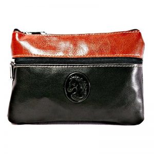 Monedero de piel negro y marrón con detalle de cabeza de caballo